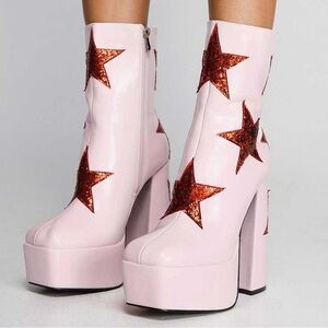 Faux Leather & Glitter Star Platform Ankle Boots